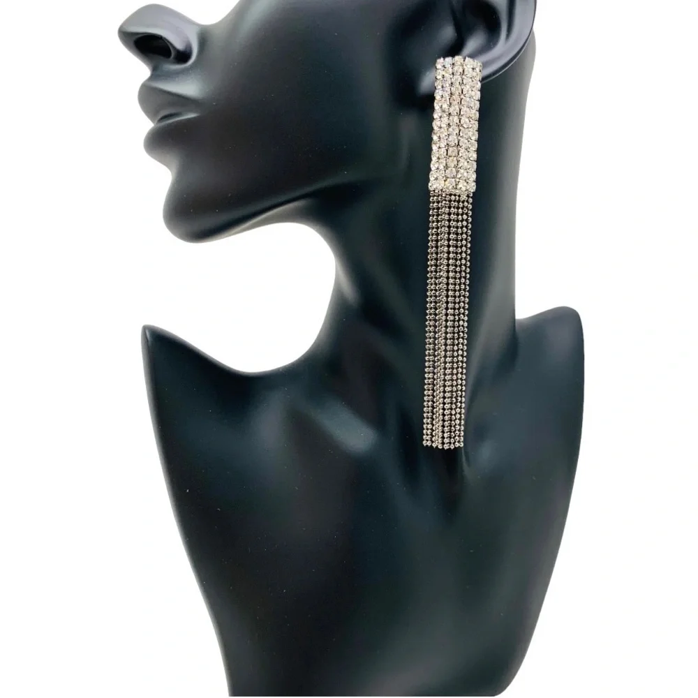 Chain Fringe Tassel Statement Earrings Embellished With Rhinestones For Women